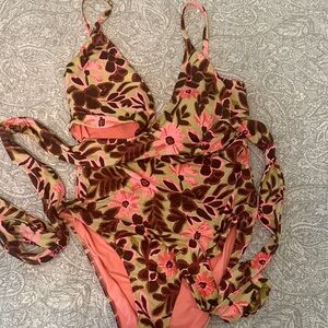Aerie Pink and Brown Floral Swimsuit